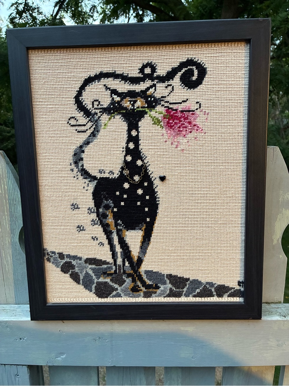 Framed Handcrafted Black Cat Cross-Stitch Wall Art “Catitudes” OOK